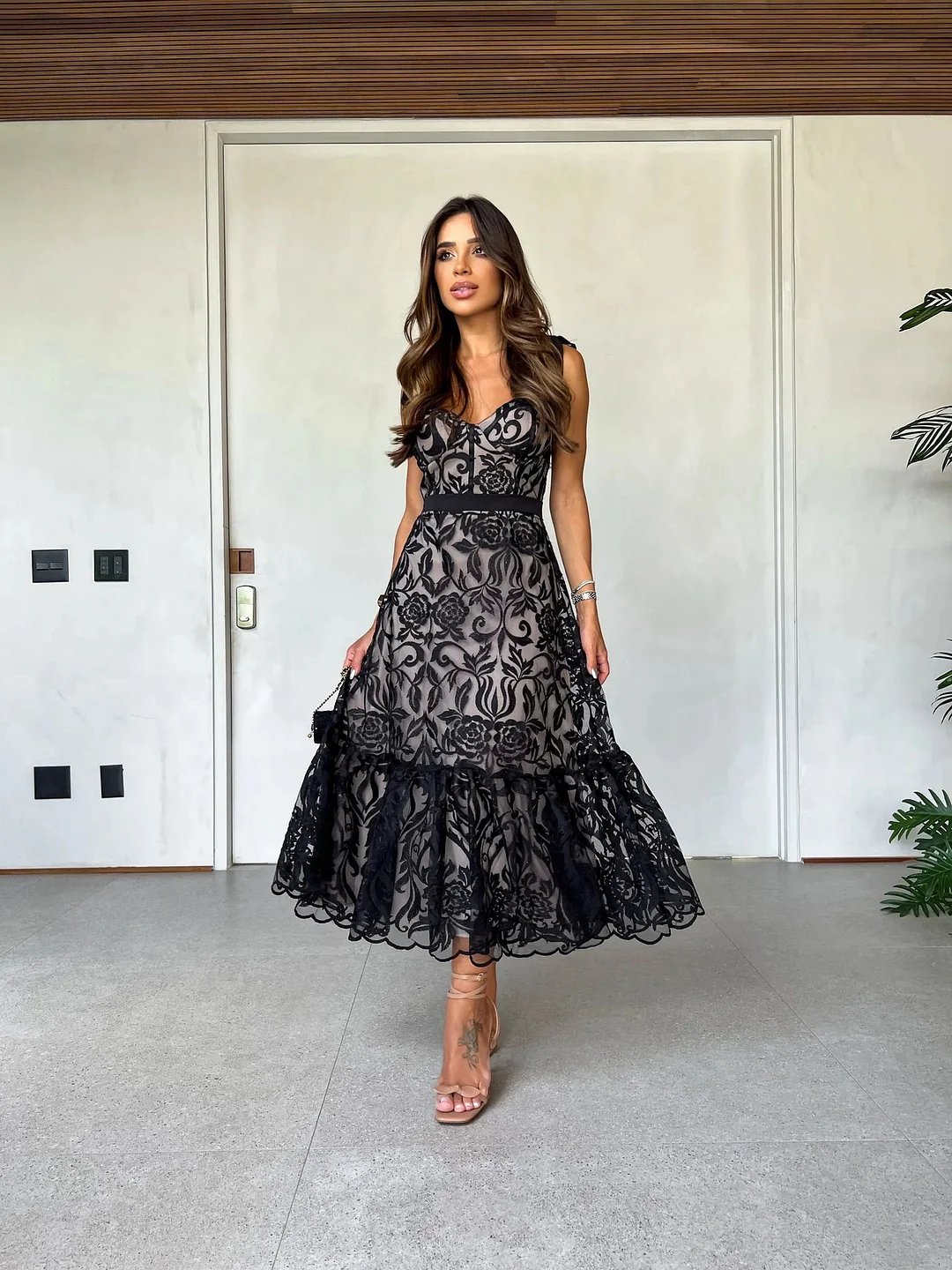 Black Printed Sleeveless Midi Dress