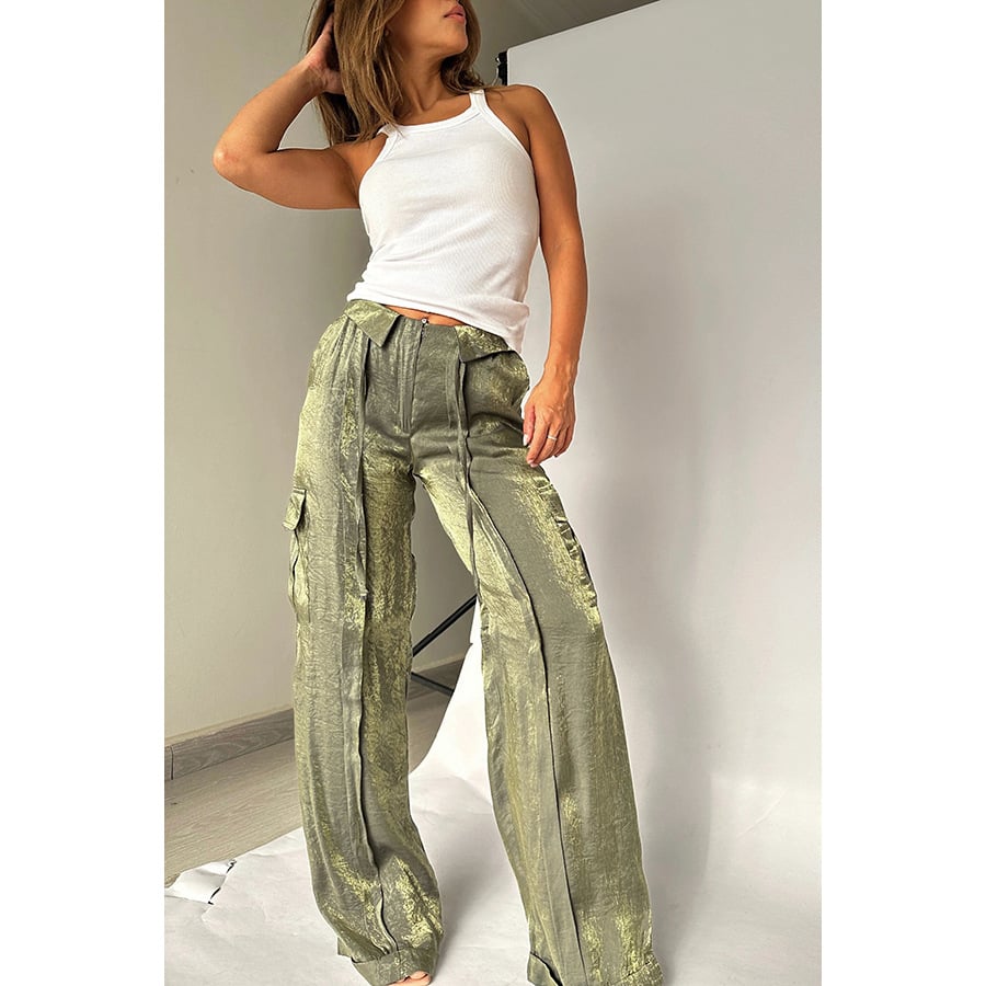 Golden Years Glitter Fabric Drawstring Waist Pocketed Wide Leg Pants - Buy two and get free shipping!