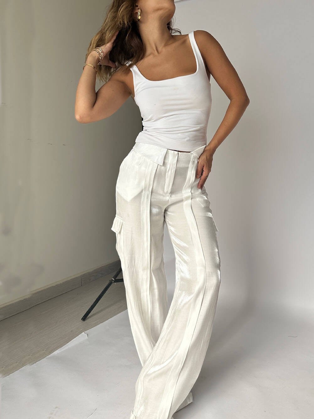 Golden Years Glitter Fabric Drawstring Waist Pocketed Wide Leg Pants - Buy two and get free shipping!