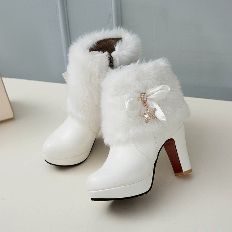 Bowknot thick-soled high-heeled winter warm boots