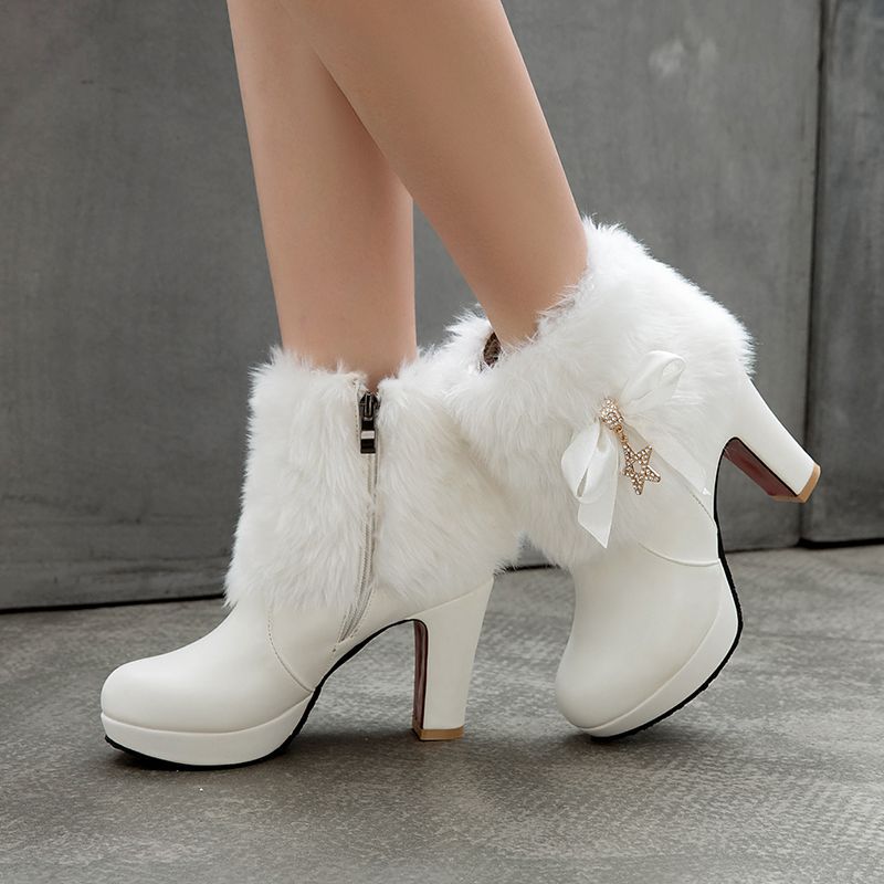 Bowknot thick-soled high-heeled winter warm boots