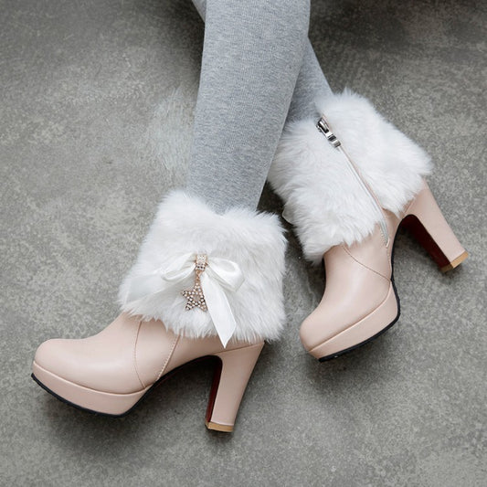 Bowknot thick-soled high-heeled winter warm boots