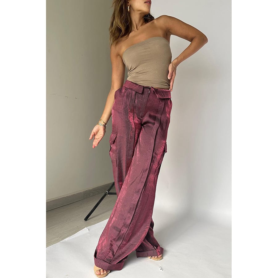 Golden Years Glitter Fabric Drawstring Waist Pocketed Wide Leg Pants - Buy two and get free shipping!