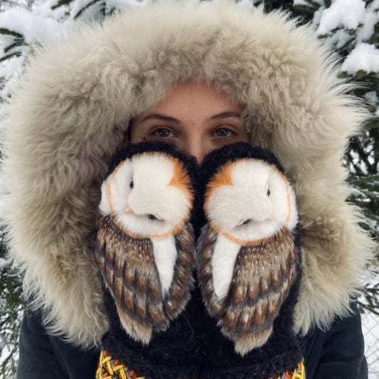 Hand Knitted Wool Nordic Mittens with Owls (Buy 2 Free Shipping)