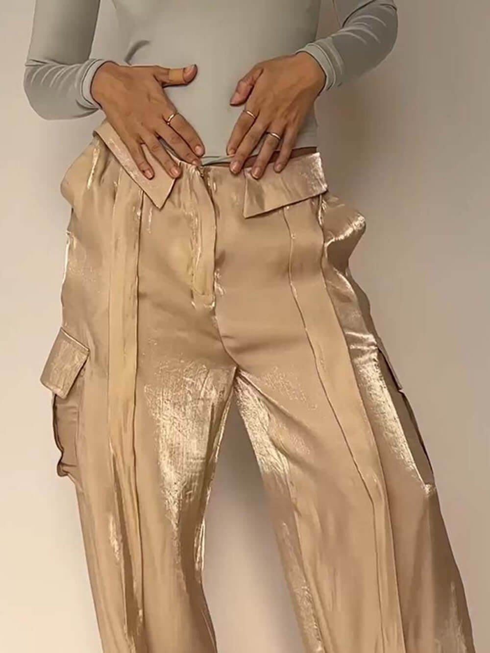 Golden Years Glitter Fabric Drawstring Waist Pocketed Wide Leg Pants - Buy two and get free shipping!