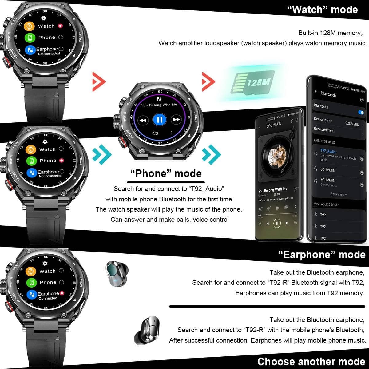 Smartwatch with Wireless Earphones(Works with iPhone & Android)