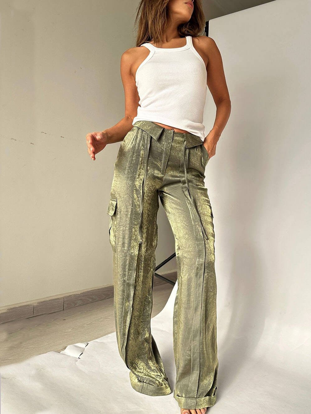 Golden Years Glitter Fabric Drawstring Waist Pocketed Wide Leg Pants - Buy two and get free shipping!