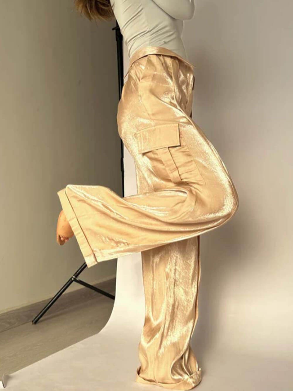 Golden Years Glitter Fabric Drawstring Waist Pocketed Wide Leg Pants - Buy two and get free shipping!