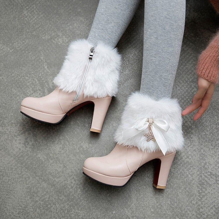 Bowknot thick-soled high-heeled winter warm boots