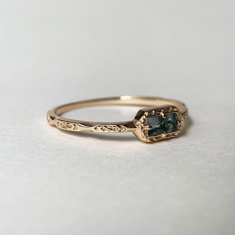 Natural Moss Agate /Blue Topaz /Opal Wedding Band Ring Sterling Silver Art Deco Unique Baguette Cut Green Agate Anniversary Rings