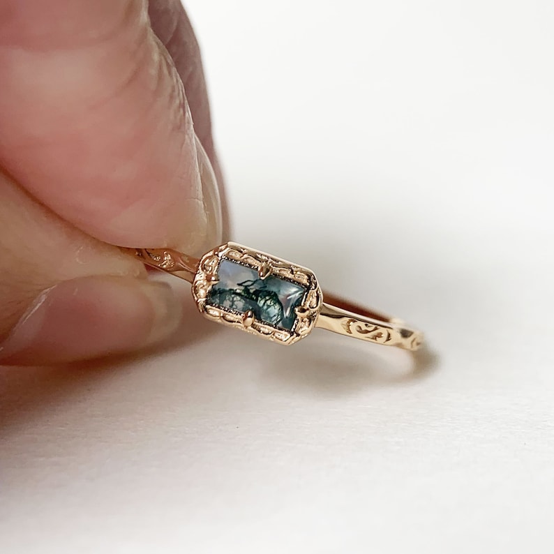 Natural Moss Agate /Blue Topaz /Opal Wedding Band Ring Sterling Silver Art Deco Unique Baguette Cut Green Agate Anniversary Rings